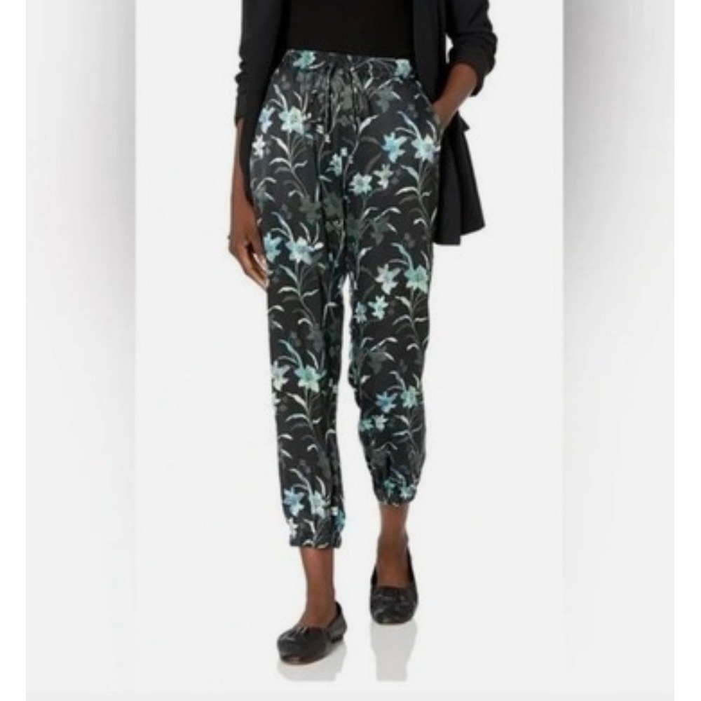 New Johnny Was Silk Jogger Pants Black Blue Floral Palazzo Women‎ XL Boho Luxury